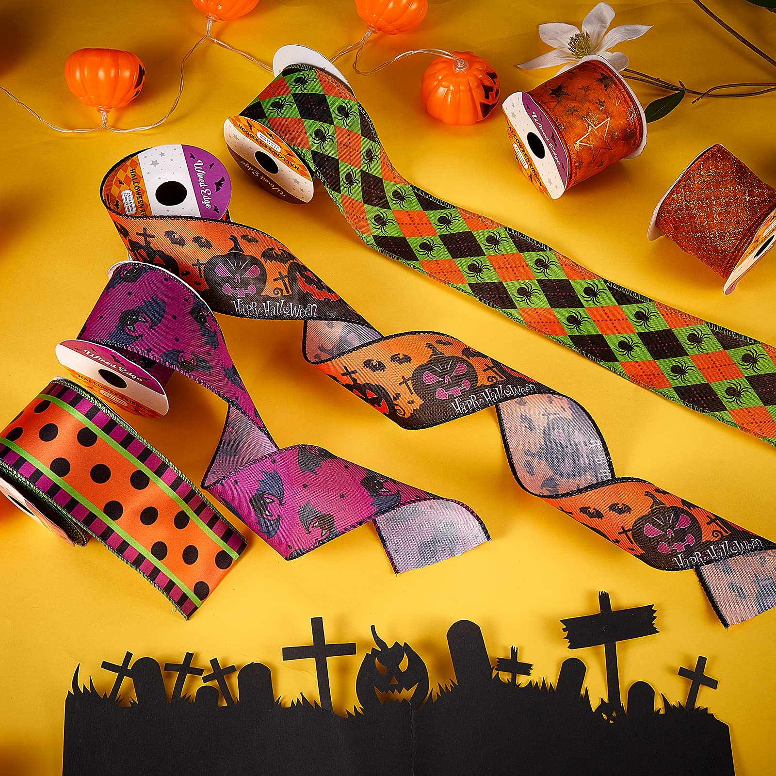 BEEFLYING 6 Rolls 36 Yards Halloween Polyester Ribbon Floral Bows Grosgrain for Home Decoration Halloween Party Wreath Gift Wrapping DIY Crafts Decoration - Image 5