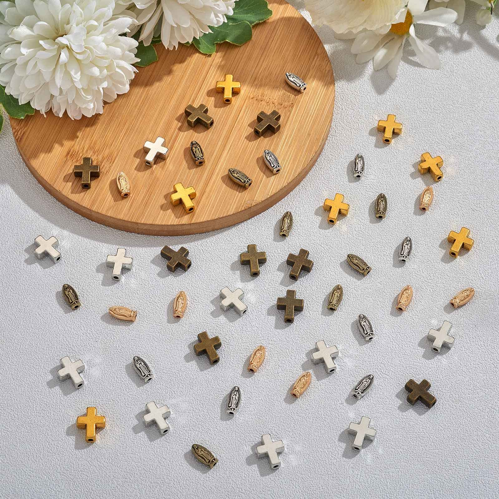 BEEFLYING 60Pcs Mixed Tibetan Catholic Virgin Mary Cross Beads Cross Jesus Bead Oval Virgin Mary Catholic Religion Beads for Bracelet Jewelry Crafts Making(Gold Silver Antique Bronze) - Image 3