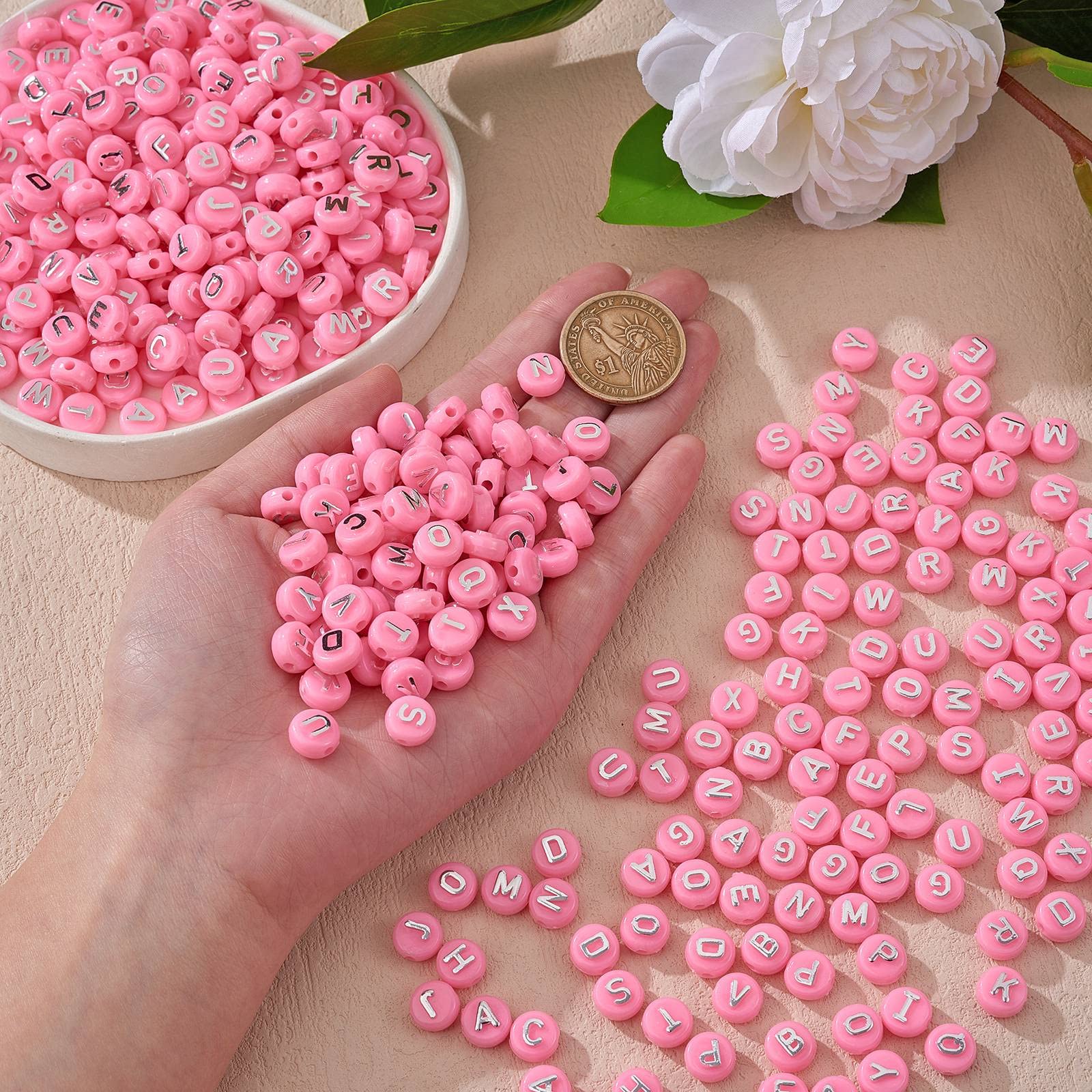 BEEFLYING 632Pcs 10MM Plating Opaque Acrylic Alphabet Beads Acrylic Letter Beads Flat Round Disc Loose Spacer Beads for Jewelry Bracelet Necklace Earring Making DIY Crafts, Pearl Pink - Image 3