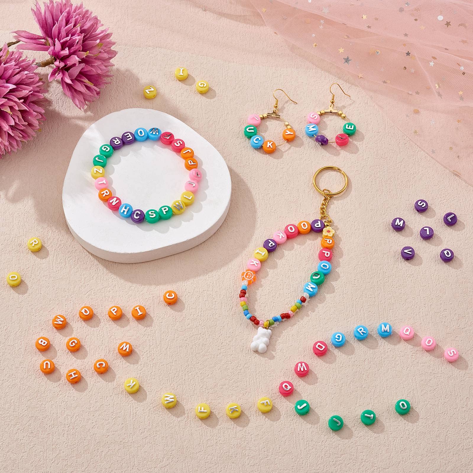 BEEFLYING 632Pcs 10MM Plating Opaque Acrylic Alphabet Beads Acrylic Letter Beads Flat Round Disc Loose Spacer Beads for Jewelry Bracelet Necklace Earring Making DIY Crafts, Pearl Pink - Image 5