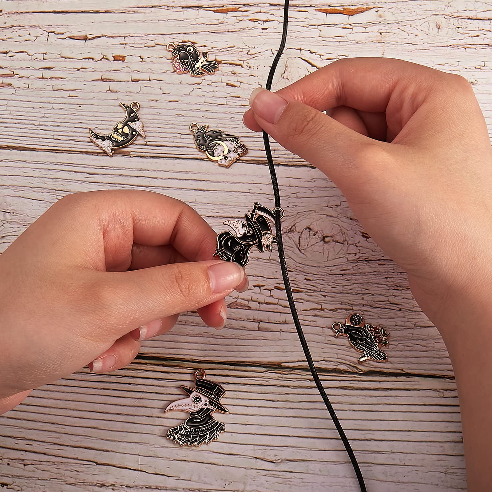 BEEFLYING 6Pcs 6 Style Halloween Raven Enamel Charms Metal Gothic Bird Skull Charms Metal Dangle Witchy Pendant Charms Bulk for DIY Necklace Bracelet Jewelry Crafts Making - Image 5