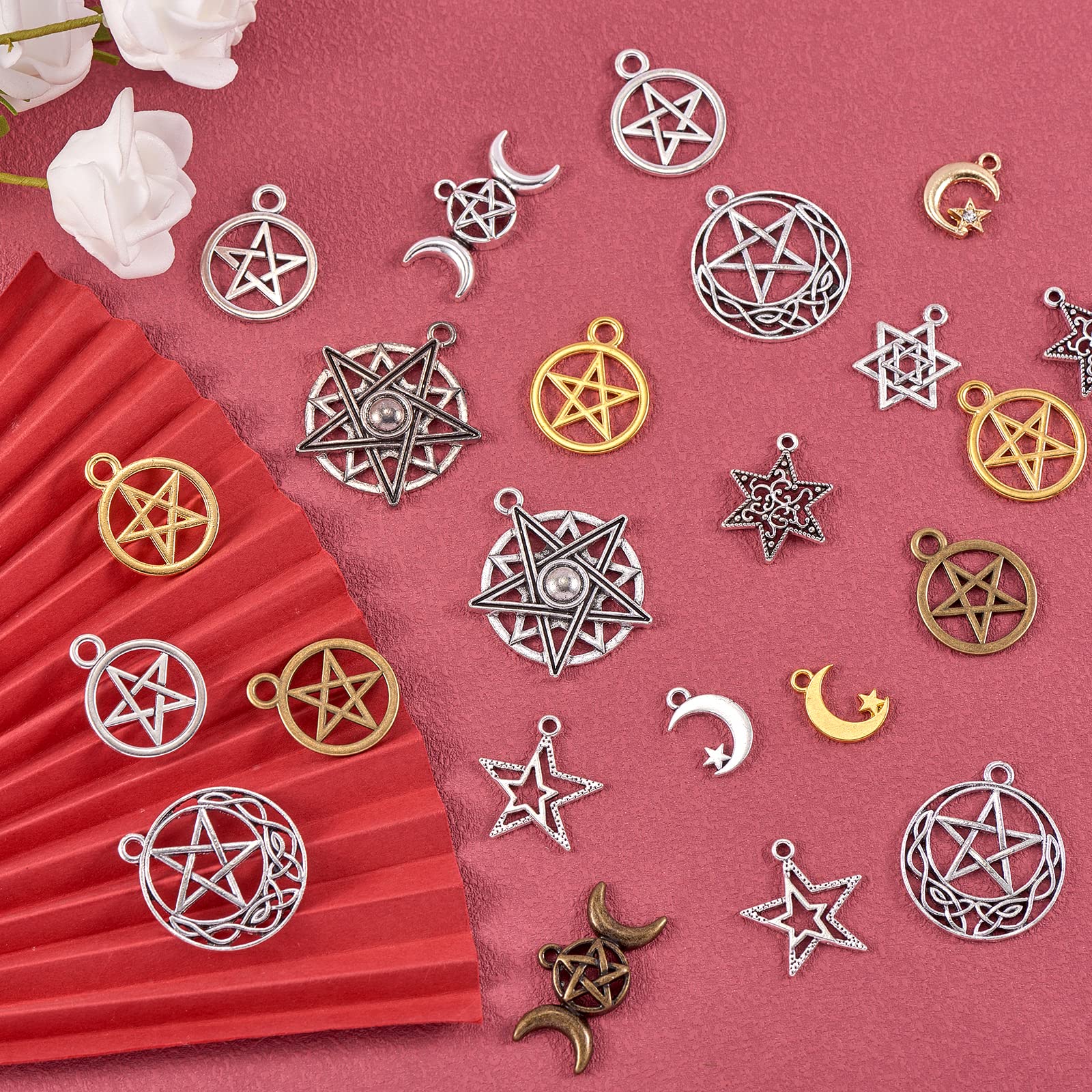 BEEFLYING 75 Pieces Pentacle Star Charms Moon Pentagram Witch Magic Pendants Vintage Round Circles Halloween Metal Pendants for DIY Jewelry Making Crafts Supplies - Image 3