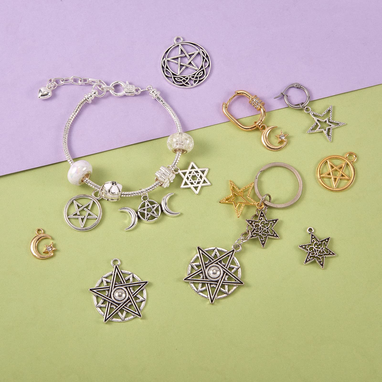 BEEFLYING 75 Pieces Pentacle Star Charms Moon Pentagram Witch Magic Pendants Vintage Round Circles Halloween Metal Pendants for DIY Jewelry Making Crafts Supplies - Image 4