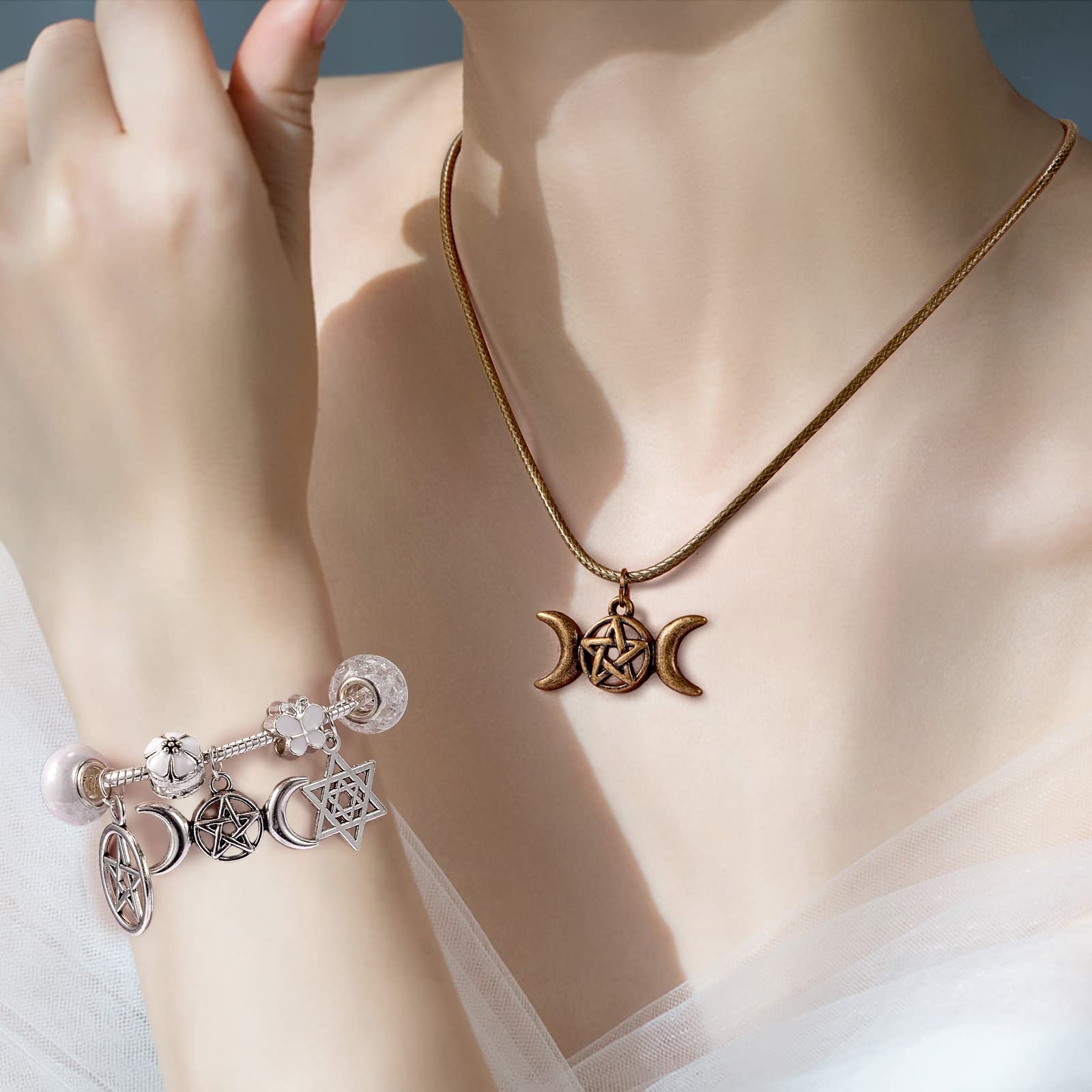 BEEFLYING 75 Pieces Pentacle Star Charms Moon Pentagram Witch Magic Pendants Vintage Round Circles Halloween Metal Pendants for DIY Jewelry Making Crafts Supplies - Image 7