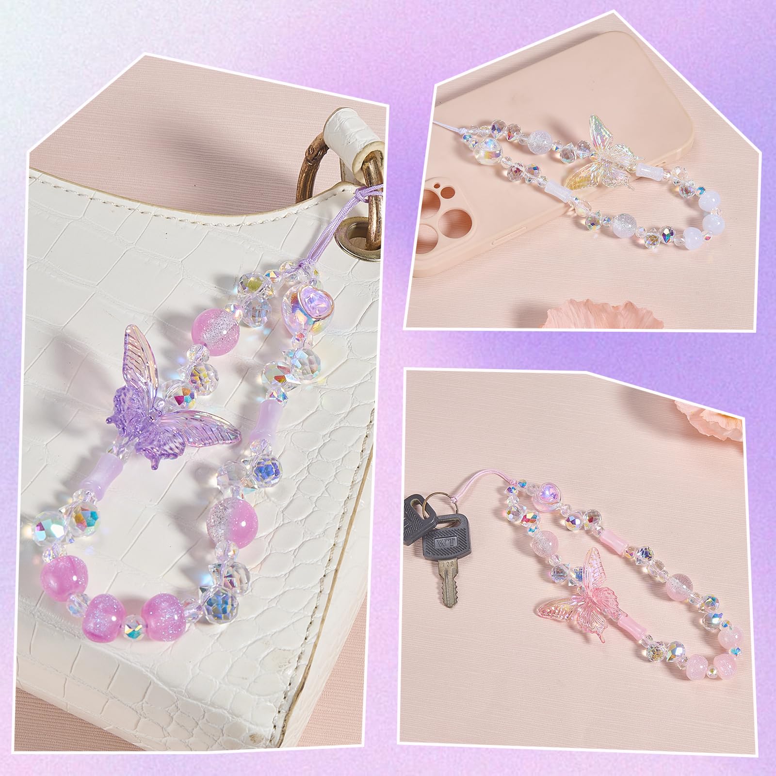 BEEFLYING Beaded Butterfly Phone Wrist Strap Clear Phone Charm Wristlet Lanyard Sparkling Y2K Cute Cellphone Bracelet for Keychain Bag Camera Car Key Pendant - Image 7