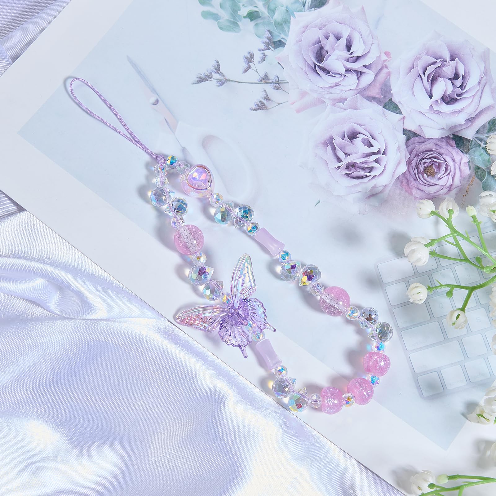 BEEFLYING Beaded Butterfly Phone Wrist Strap Purple Phone Charm Wristlet Lanyard Sparkling Y2K Cute Cellphone Bracelet for Keychain Bag Camera Car Key Pendant - Image 3