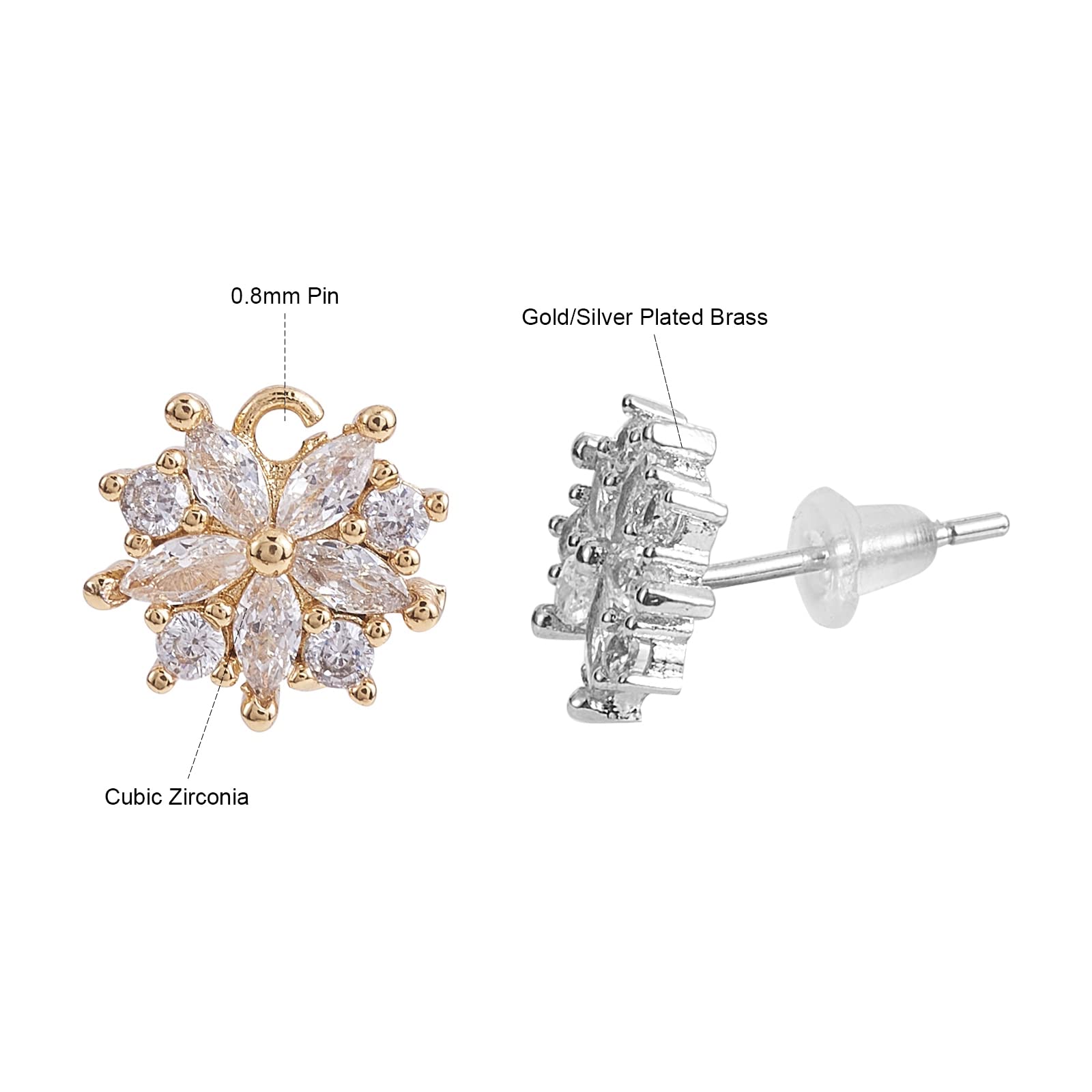 BEEFLYING Brass Cubic Zirconia Earring Studs Gold Flower Earring Posts Findings for Jewelry Making (4 Pairs) - Image 3