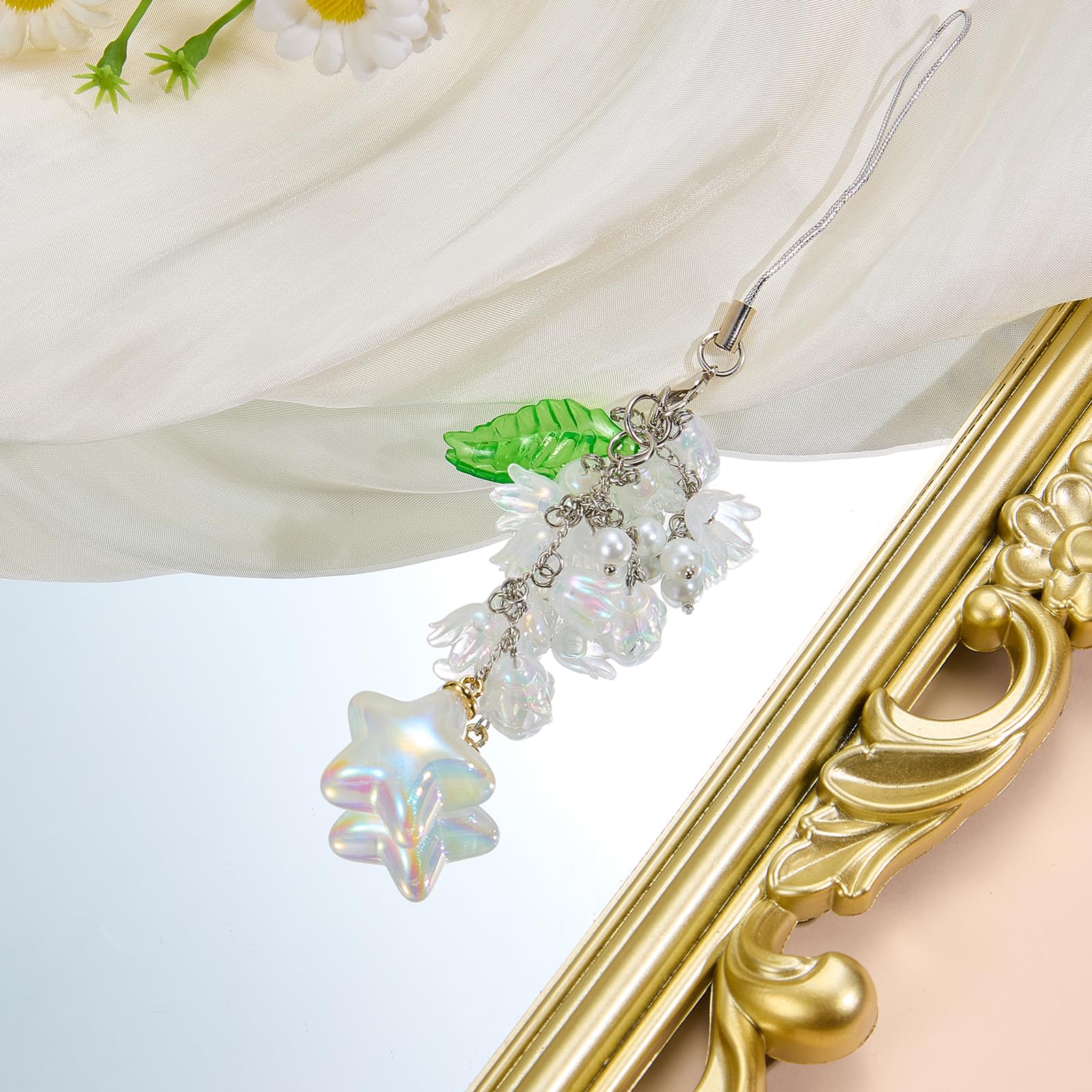 BEEFLYING Flower Beads Phone Charm Strap Aesthetic Y2K Cute Lily of the Valley Cellphone Pendant with Star Charm Accessories for Phone Bag Keychain Camera (White) - Image 3