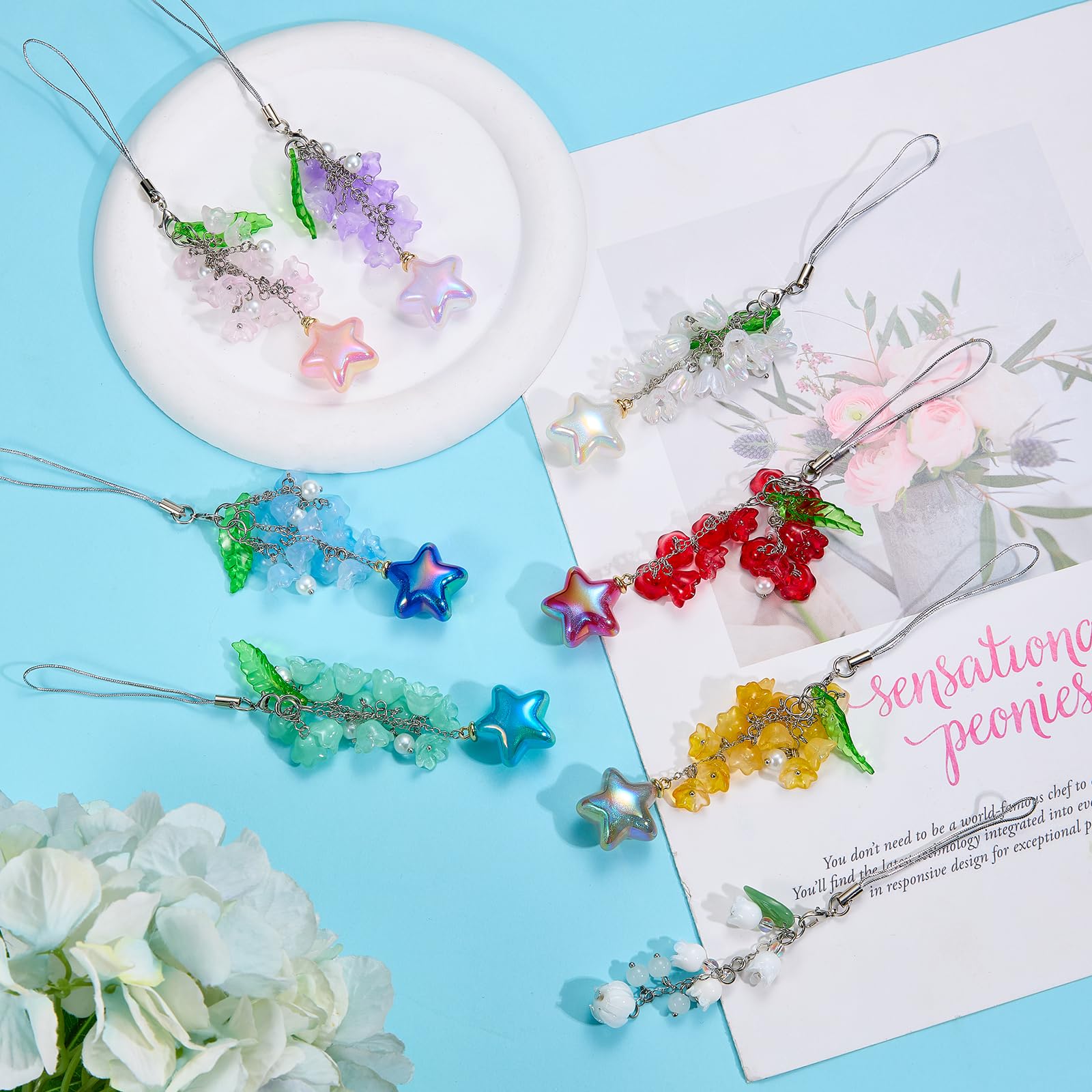 BEEFLYING Flower Beads Phone Charm Strap Aesthetic Y2K Cute Lily of the Valley Cellphone Pendant with Star Charm Accessories for Phone Bag Keychain Camera (Green) - Image 5