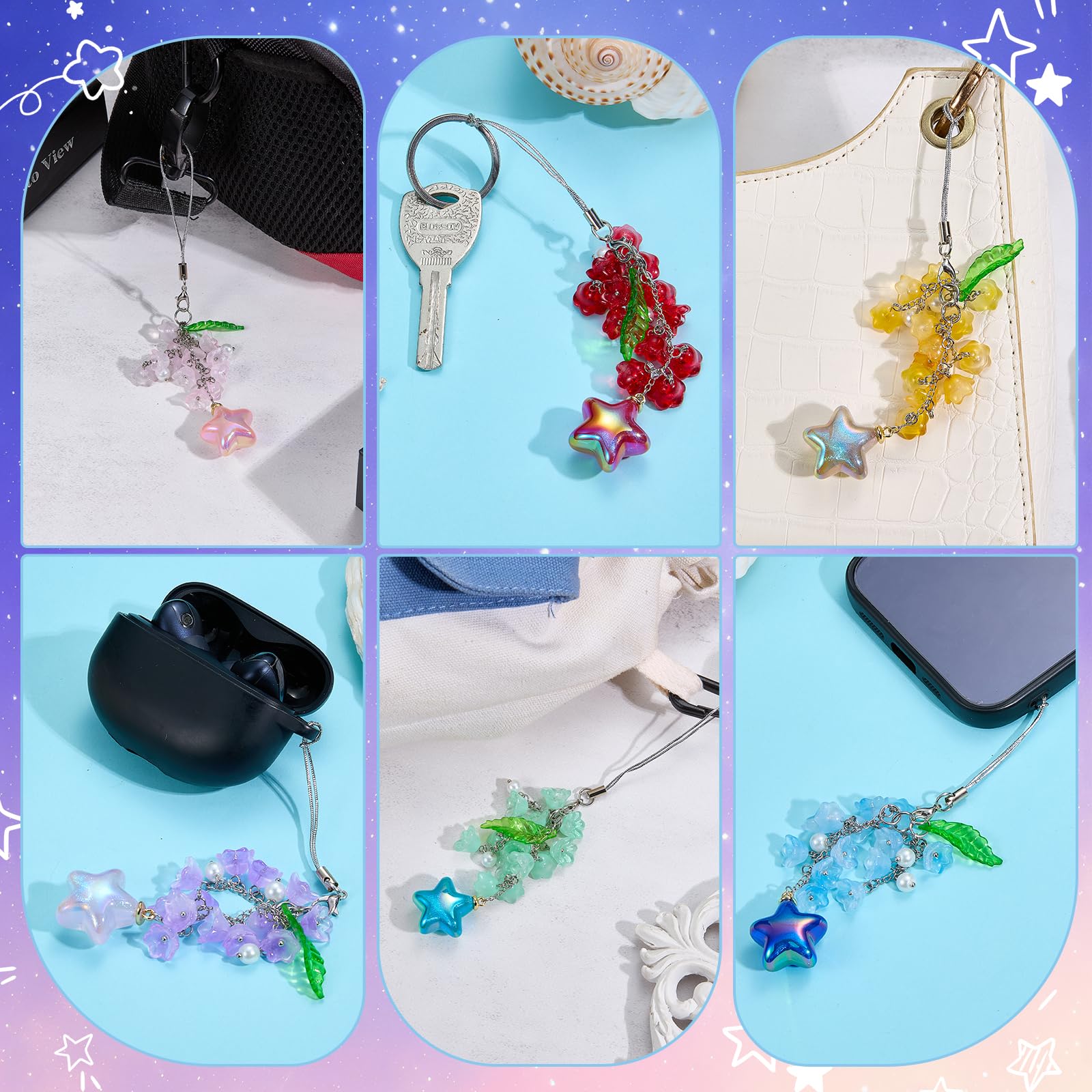BEEFLYING Flower Beads Phone Charm Strap Aesthetic Y2K Cute Lily of the Valley Cellphone Pendant with Star Charm Accessories for Phone Bag Keychain Camera (Green) - Image 7