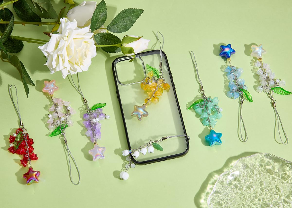 BEEFLYING Flower Beads Phone Charm Strap Aesthetic Y2K Cute Lily of the Valley Cellphone Pendant with Star Charm Accessories for Phone Bag Keychain Camera (Green) - Image 8