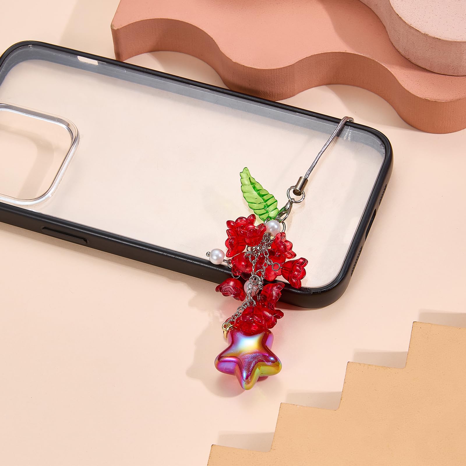BEEFLYING Flower Beads Phone Charm Strap Aesthetic Y2K Cute Lily of the Valley Cellphone Pendant with Star Charm Accessories for Phone Bag Keychain Camera (Red) - Image 3