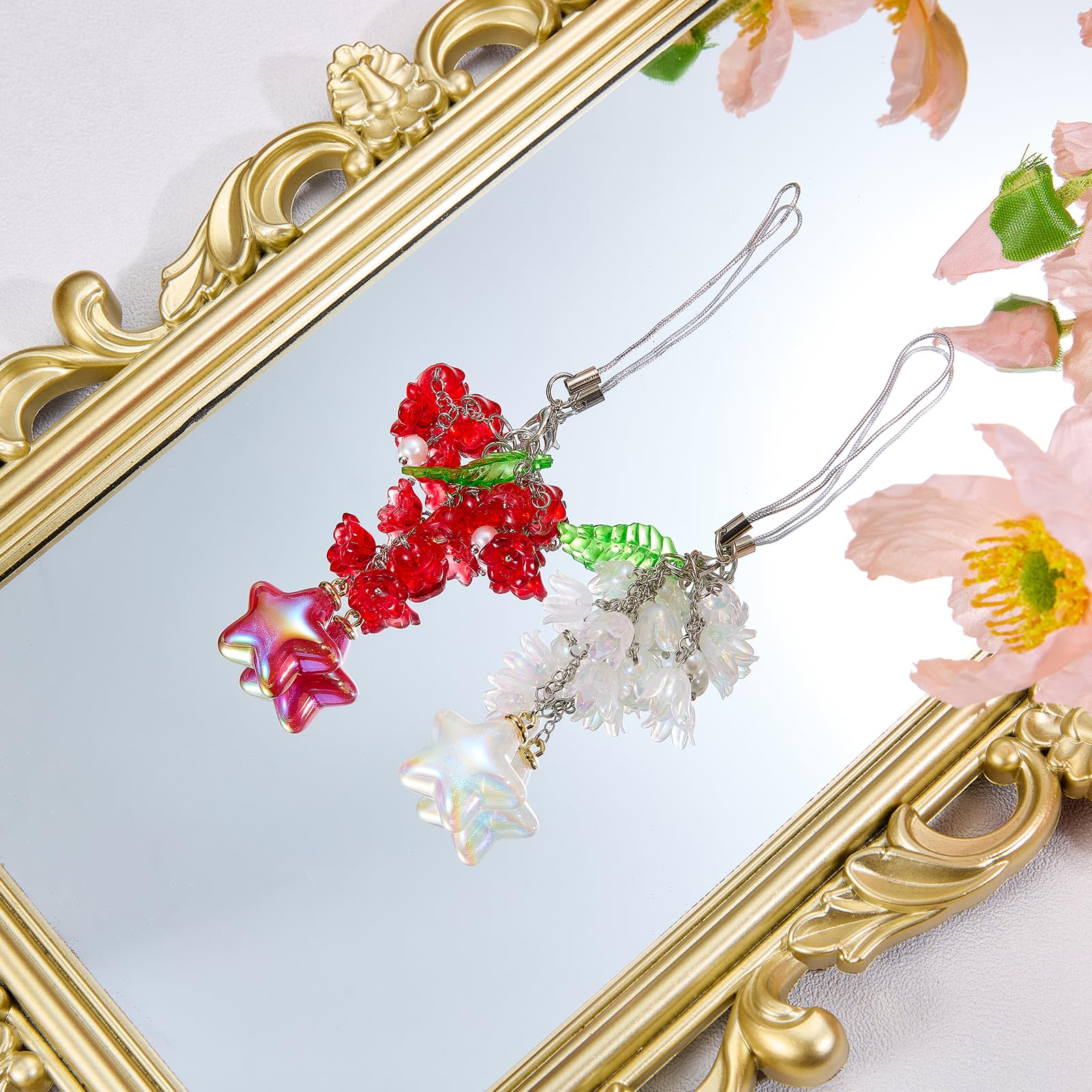 BEEFLYING Flower Beads Phone Charm Strap Aesthetic Y2K Cute Lily of the Valley Cellphone Pendant with Star Charm Accessories for Phone Bag Keychain Camera (White) - Image 4