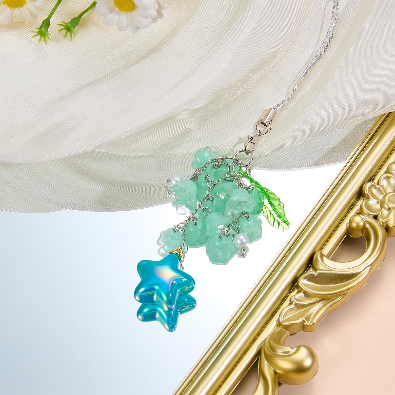 BEEFLYING Flower Beads Phone Charm Strap Aesthetic Y2K Cute Lily of the Valley Cellphone Pendant with Star Charm Accessories for Phone Bag Keychain Camera (Green) - Image 3