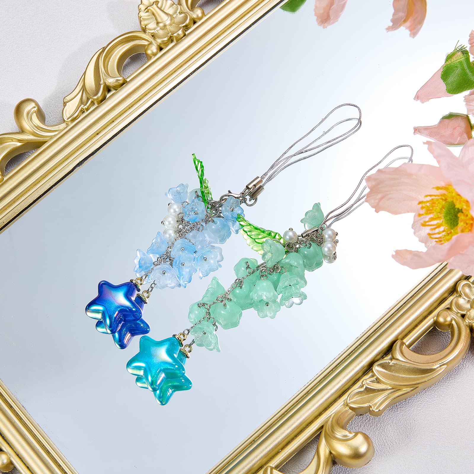 BEEFLYING Flower Beads Phone Charm Strap Aesthetic Y2K Cute Lily of the Valley Cellphone Pendant with Star Charm Accessories for Phone Bag Keychain Camera (Green) - Image 4