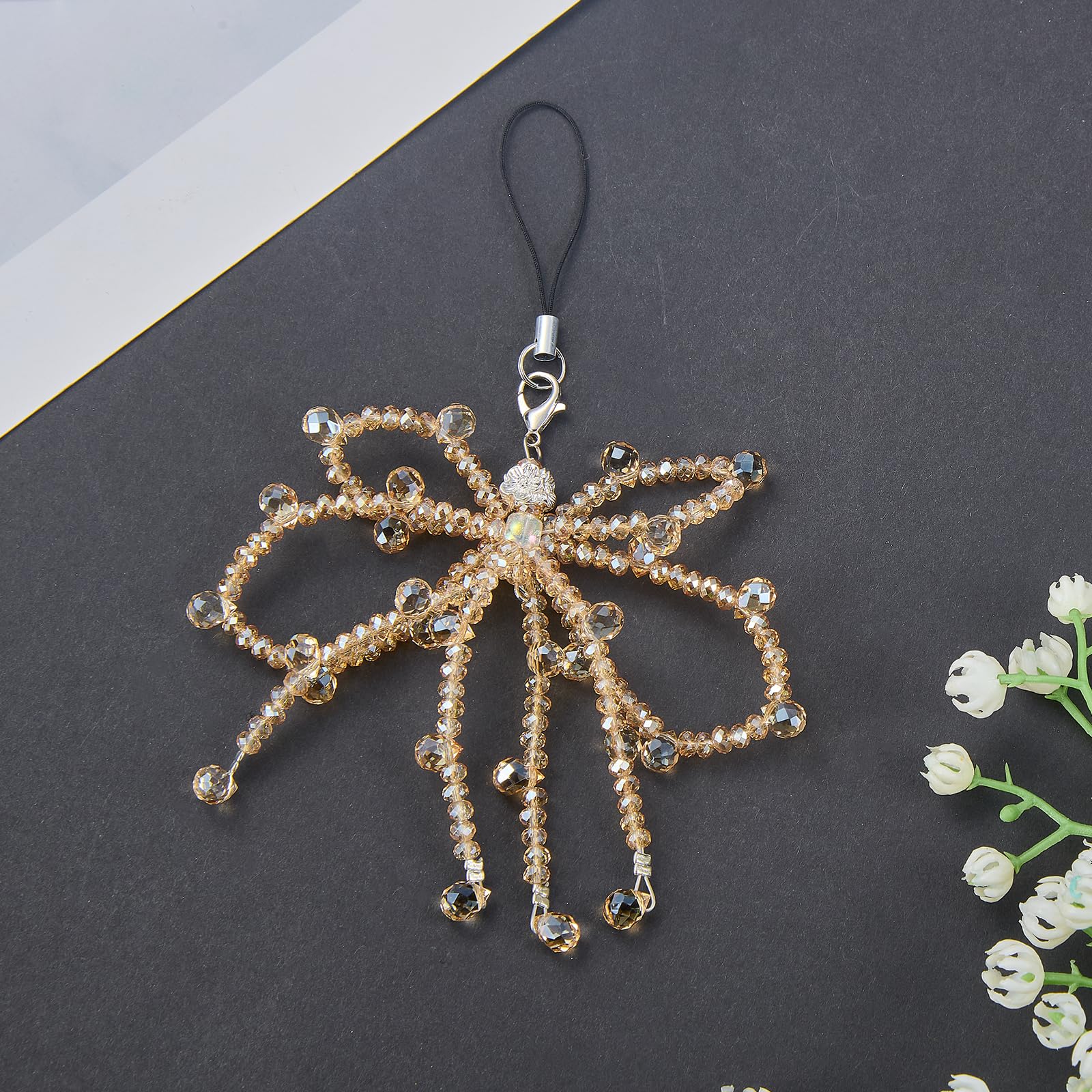 BEEFLYING Glass Beads Bowknot Phone Charm with Crystal Drop Beads Y2K Cellphone Charm Strap for Women Bags Keychain Camera - Image 3