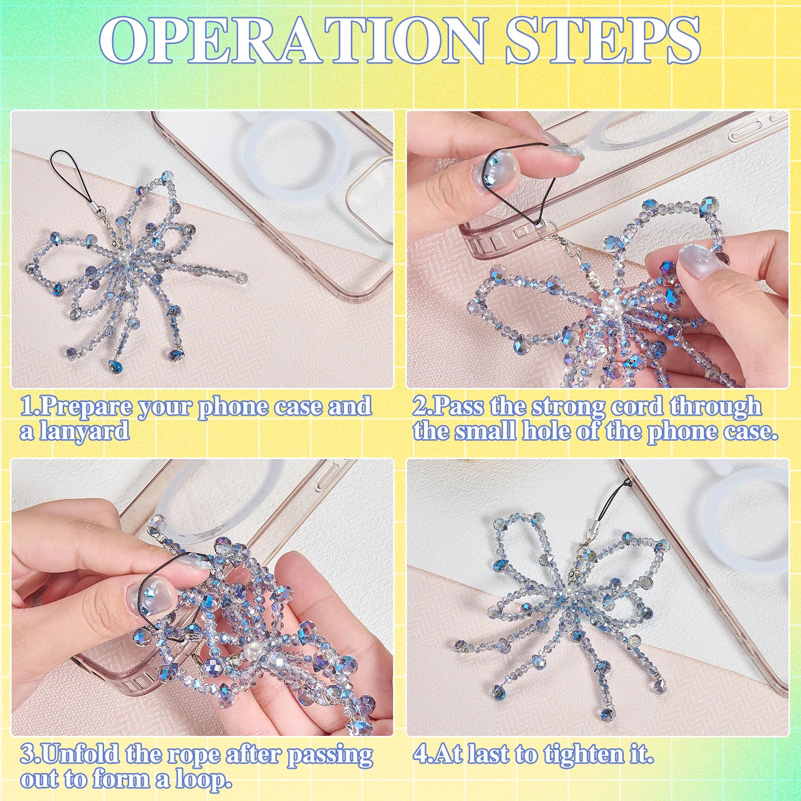 BEEFLYING Glass Beads Bowknot Phone Charm with Crystal Drop Beads Y2K Cellphone Charm Strap for Women Bags Keychain Camera - Image 6