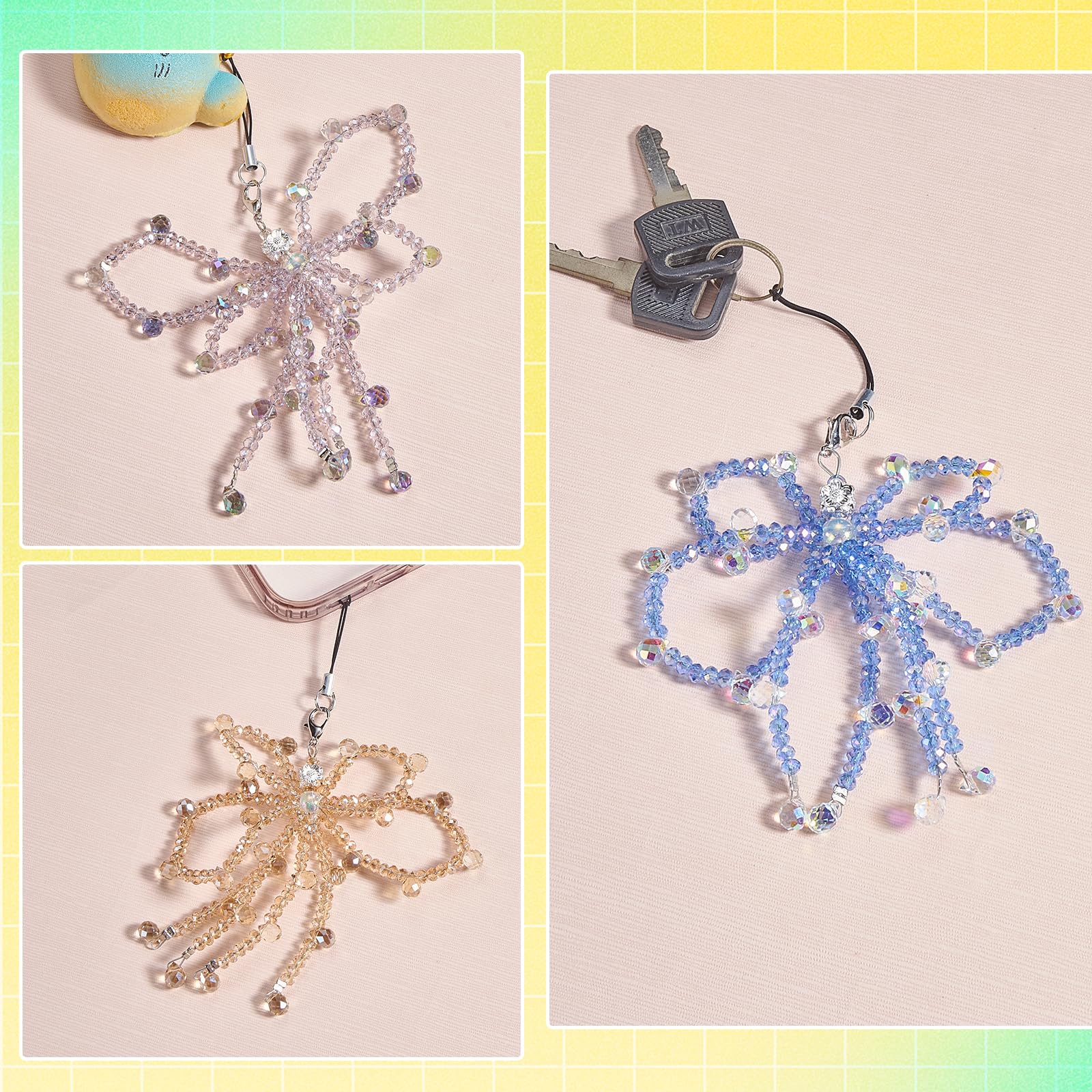 BEEFLYING Glass Beads Bowknot Phone Charm with Crystal Drop Beads Y2K Cellphone Charm Strap for Women Bags Keychain Camera - Image 7