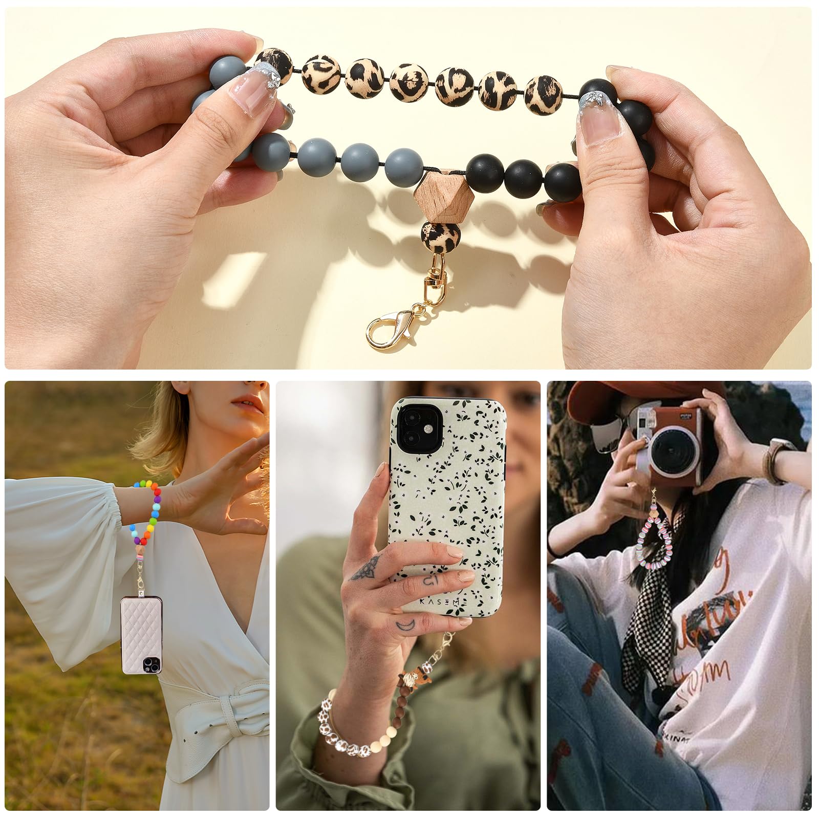 BEEFLYING Silicone Beaded Phone Wrist Strap, Cellphone Lanyard with Tether Tab, Elastic Hands-Free Wristlet Bracelet for Women, Mixed Colors 8 - Image 6