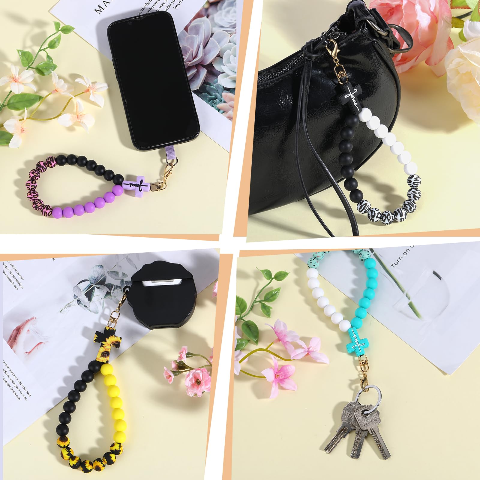 BEEFLYING Silicone Beaded Phone Wrist Strap with Cross, Cellphone Lanyard with Tether Tab, Elastic Hands-Free Bracelet - Image 6
