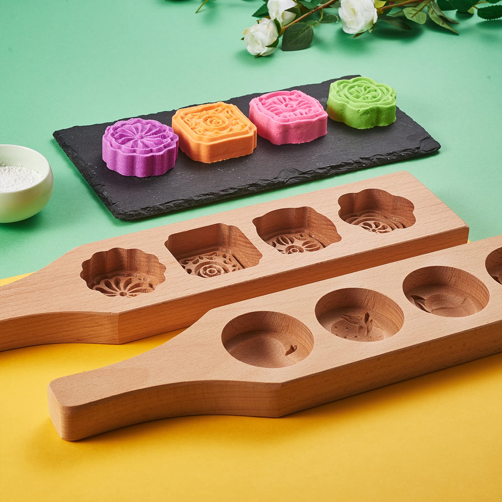 BEEFLYING Wooden Press Mooncake Stamp Mold Cookie Pastry Cake Mold 4 Flowers Wooden Handmade Baking Mold for DIY Baking Cookie Biscuit Desser - Image 3