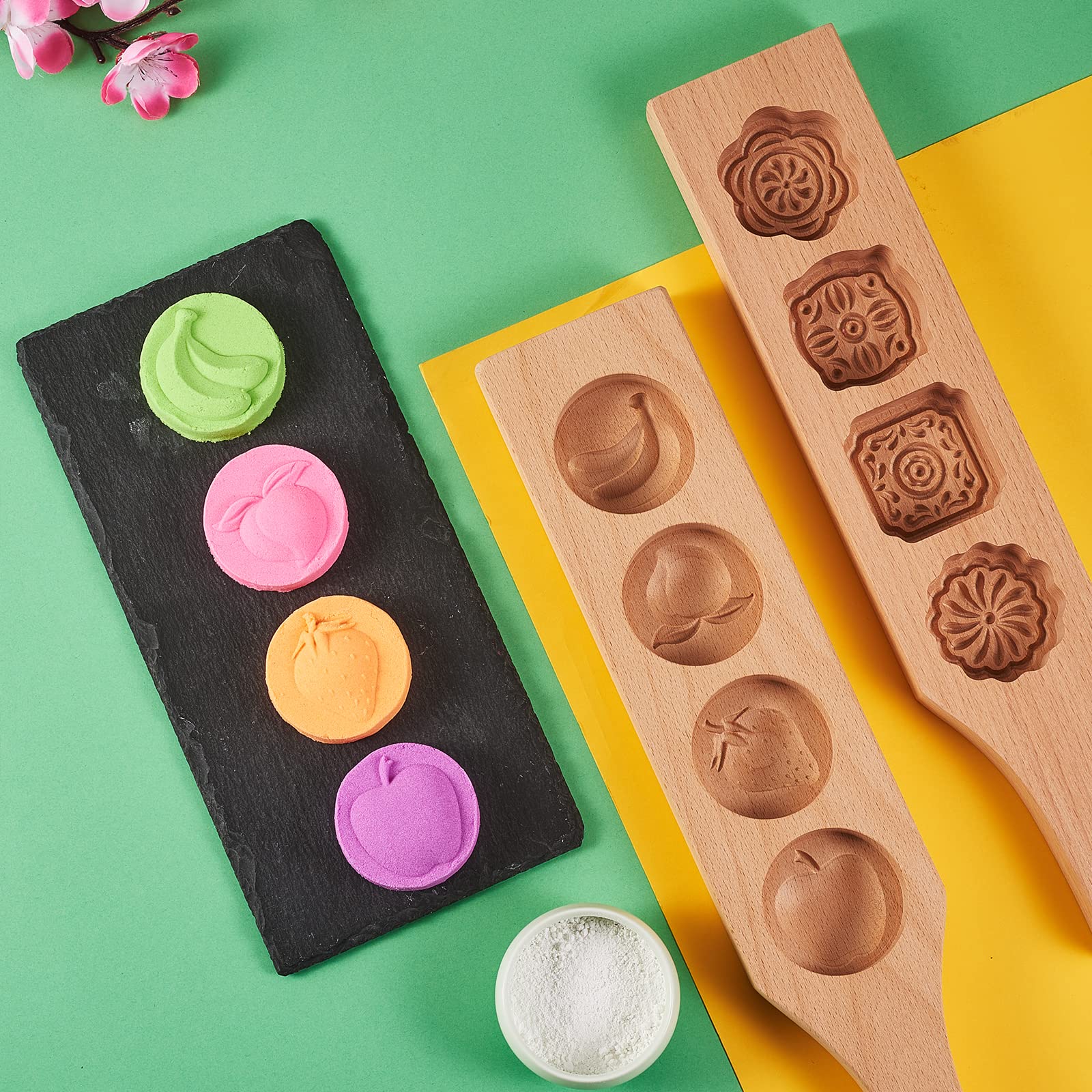 BEEFLYING Wooden Press Mooncake Stamp Mold Cookie Pastry Cake Mold 4 Flowers Wooden Handmade Baking Mold for DIY Baking Cookie Biscuit Desser - Image 4
