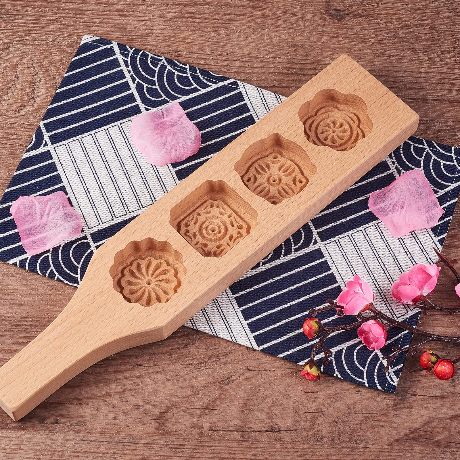 BEEFLYING Wooden Press Mooncake Stamp Mold Cookie Pastry Cake Mold 4 Flowers Wooden Handmade Baking Mold for DIY Baking Cookie Biscuit Desser - Image 6